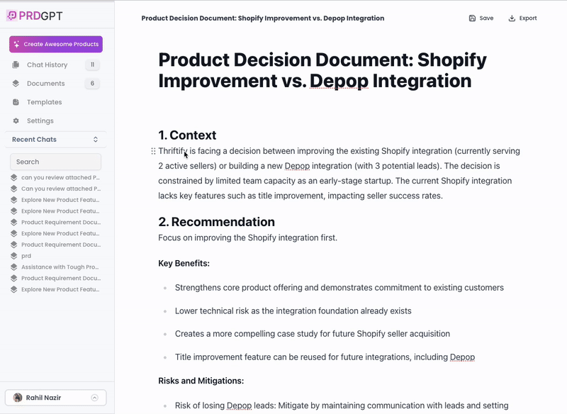 Edit and Export Your Docs Right Inside PRDGPT